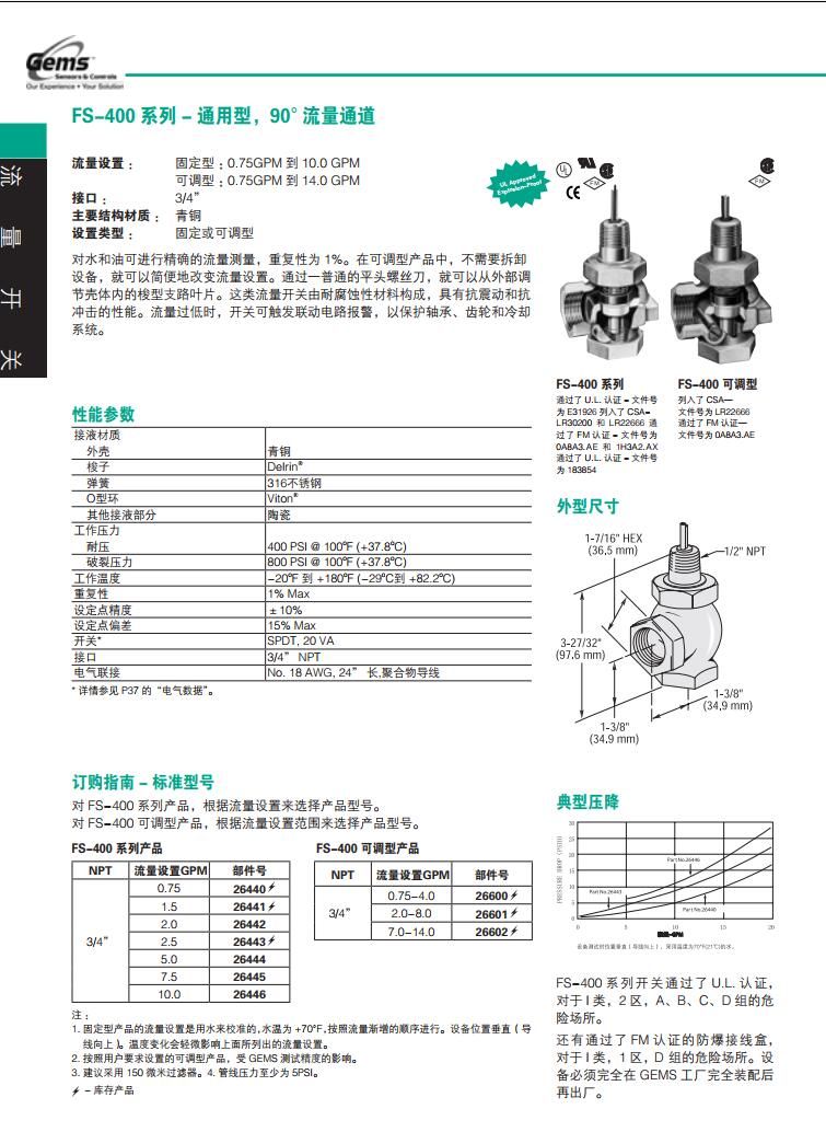 GEMS英國捷邁 FS-400通用型，90°流量通道